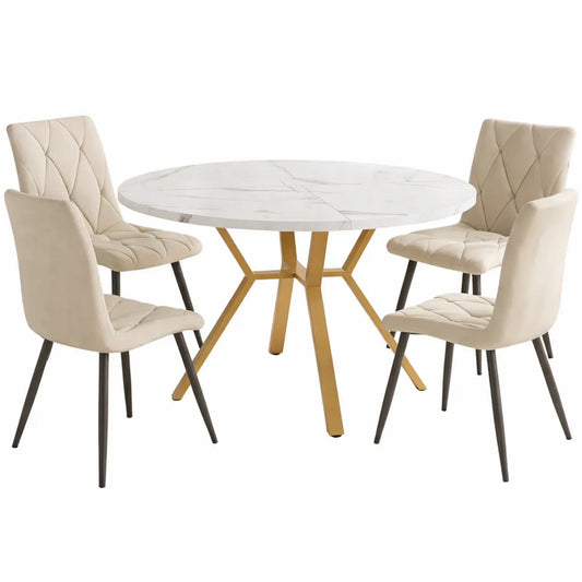 Table ronde MDF imitation marbre avec chaises en velours