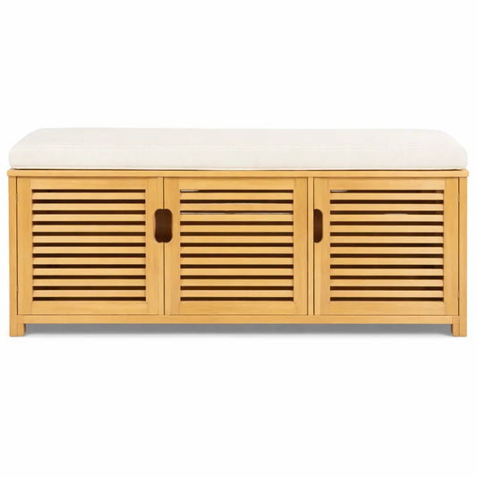Banc et étagère à chaussures en bambou avec coussin, 3 compartiments pour entrée, 50 x 90 x 35 cm