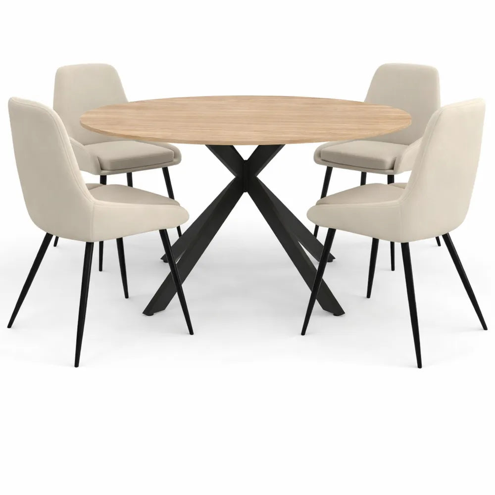 Table à Manger Extensible Ronde en Bois avec Chaises en Velours Beige