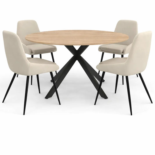 Table à Manger Extensible Ronde en Bois avec Chaises en Velours Beige