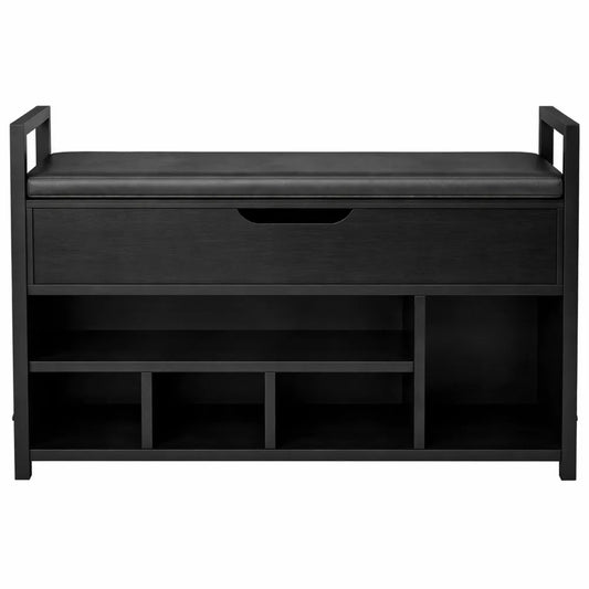 Banc de rangement avec assise en cuir synthétique et compartiments ouverts