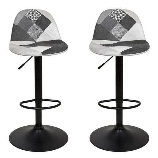 Ensemble de 2 tabourets de bar réglables en hauteur et pivotants à 360° avec siège en tissu patchwork gris
