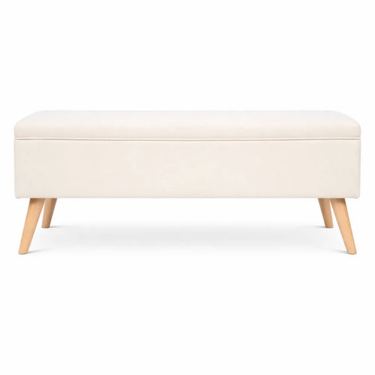 Banc de Rangement en Lin avec Pieds en Bois, 40x110x40 cm, Beige