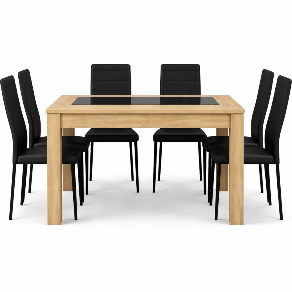 Salle à Manger: Table 140 cm en Hêtre et 6 Chaises Noires