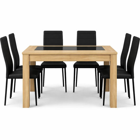 Salle à Manger: Table 140 cm en Hêtre et 6 Chaises Noires